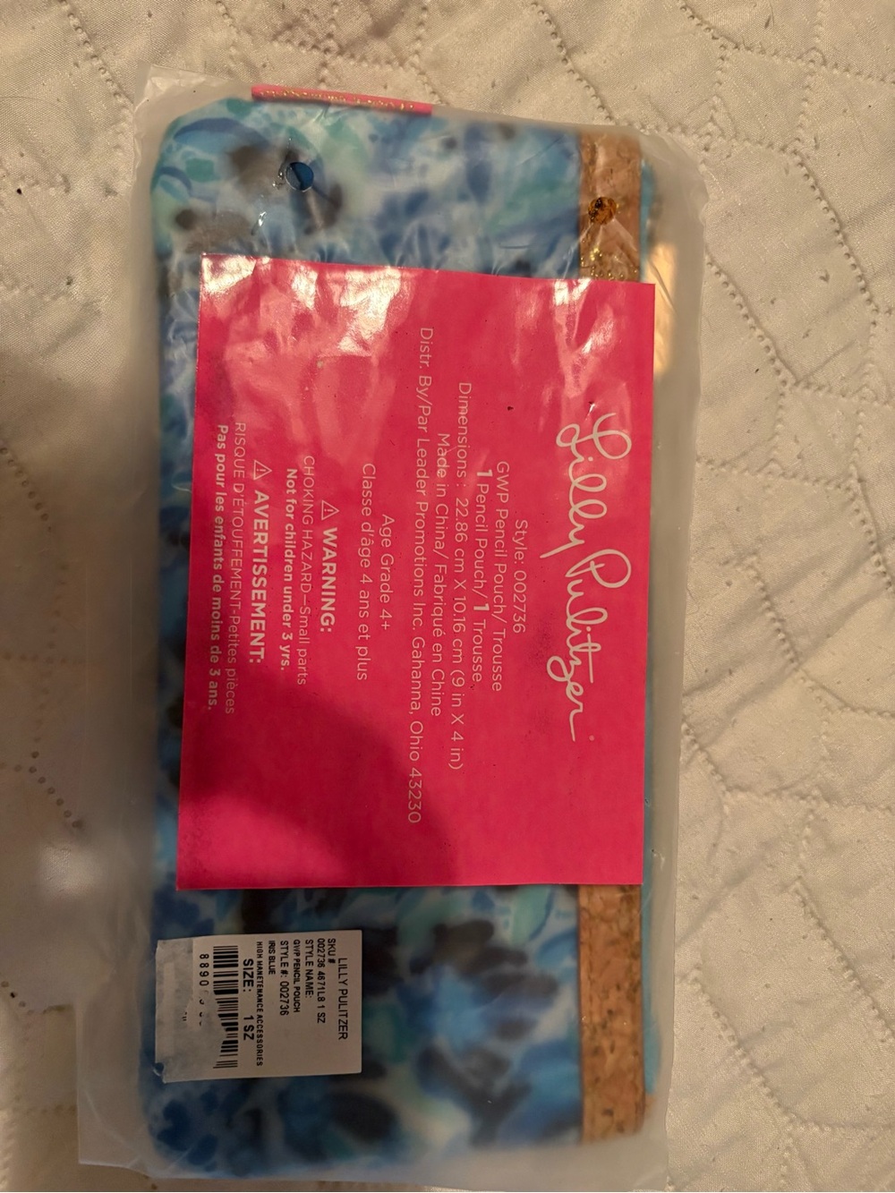 Lilly Pulitzer Blue, Pink & Tan Floral Zip Pouch with Cork Trim